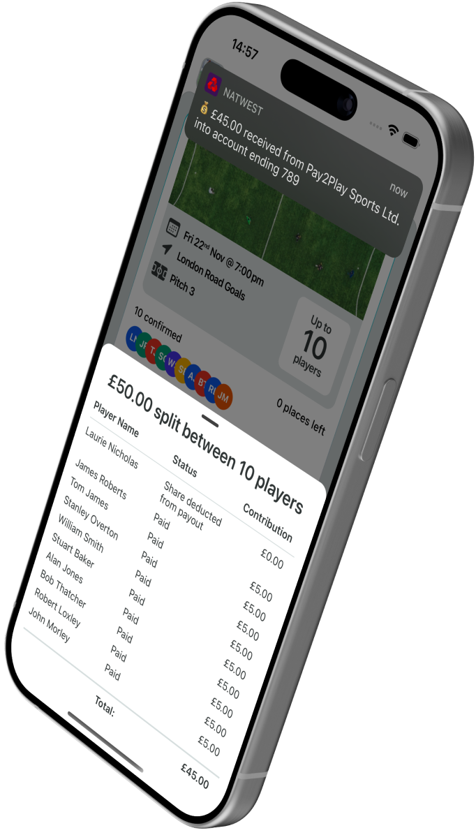 Screenshot of PitchIn showing a game cost split between 10 players, while a notification shows a payment received into an organiser's bank account